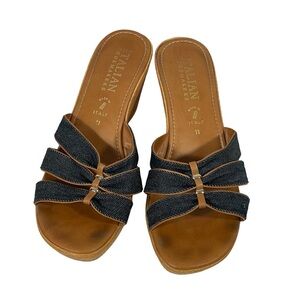 Italian Shoemakers Sz 11 Denim Strap Lightweight Faux Cork Wedge Slide Heel